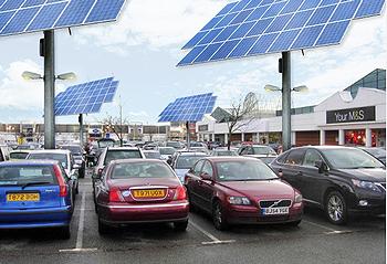 乐购超市停车场采用了太阳能电池板。图片来源：SRE科技有限公司